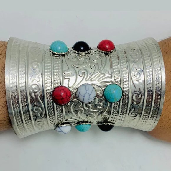single Boho Cuff Kuchi Cuff Bracelet With Multicolor Stones - Picture 2 of 7
